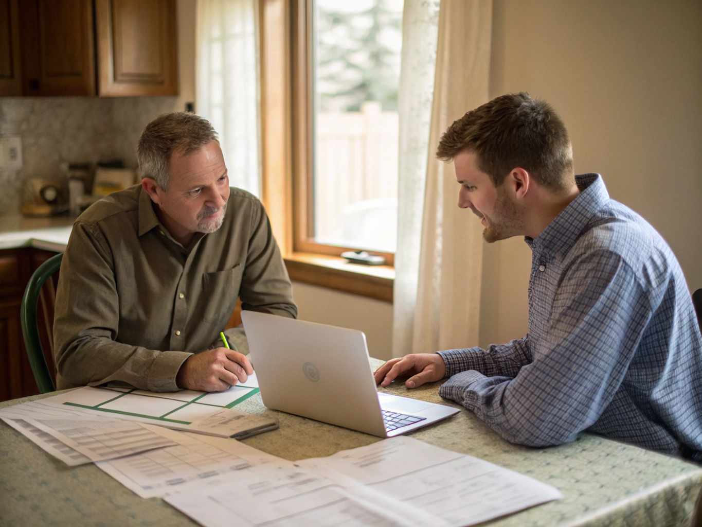 Older homeowner reviewing accessible home safety layout with a consultant in natural daylight