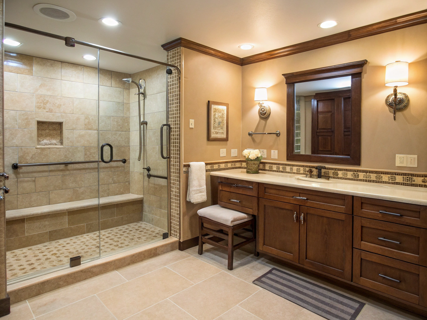 Accessible modern bathroom with secure chrome grab bars