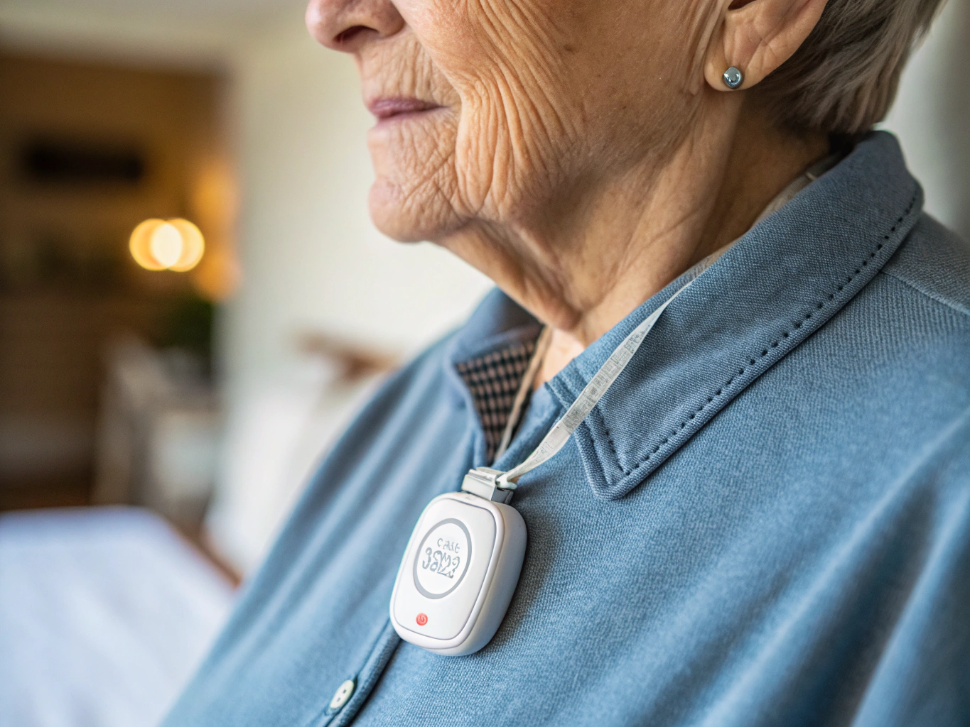 Medical alert pendant and base unit on bedside table