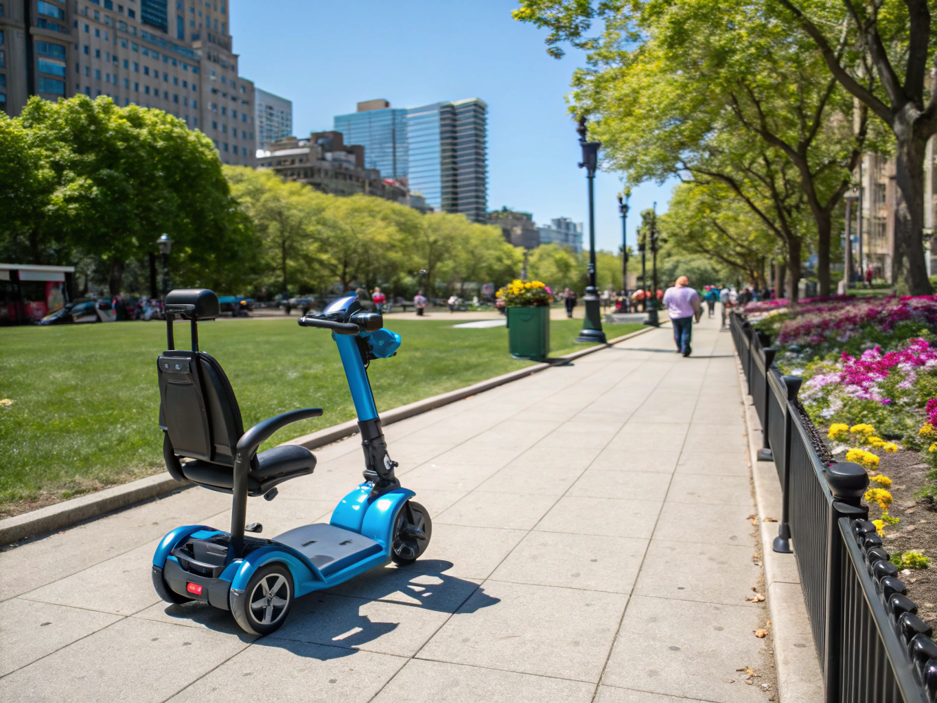 Lightweight mobility scooter standing in a bright home hallway