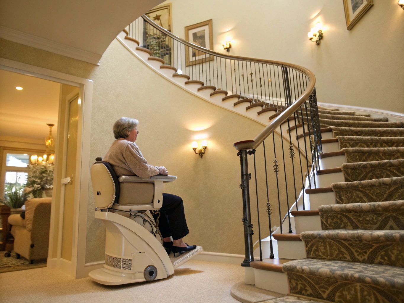 Modern stair lift mounted on residential staircase