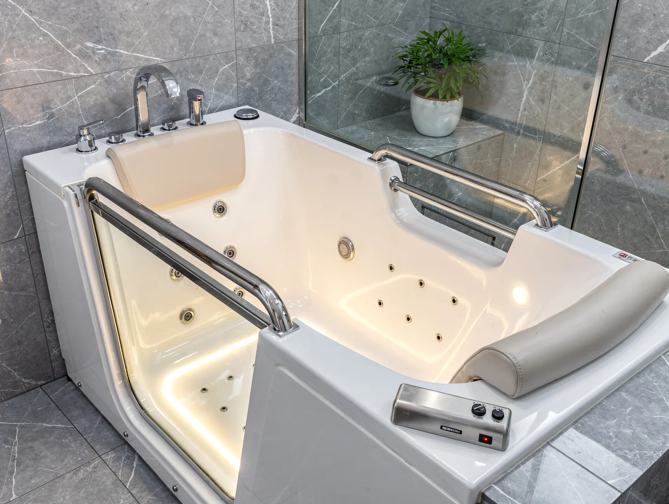 Walk in bathtub with low threshold door and safety grab bars