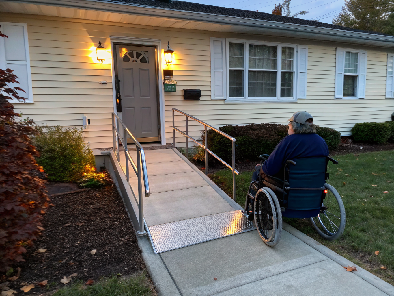 Modular aluminum access ramp installed at home entryway