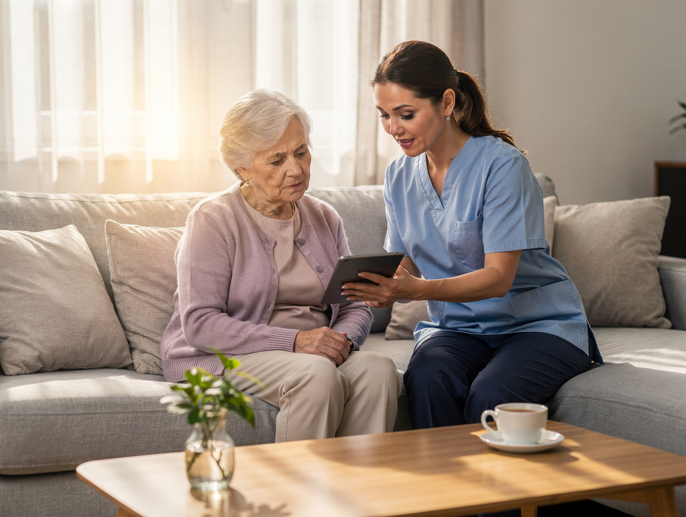 Senior woman wearing a discreet medical alert button