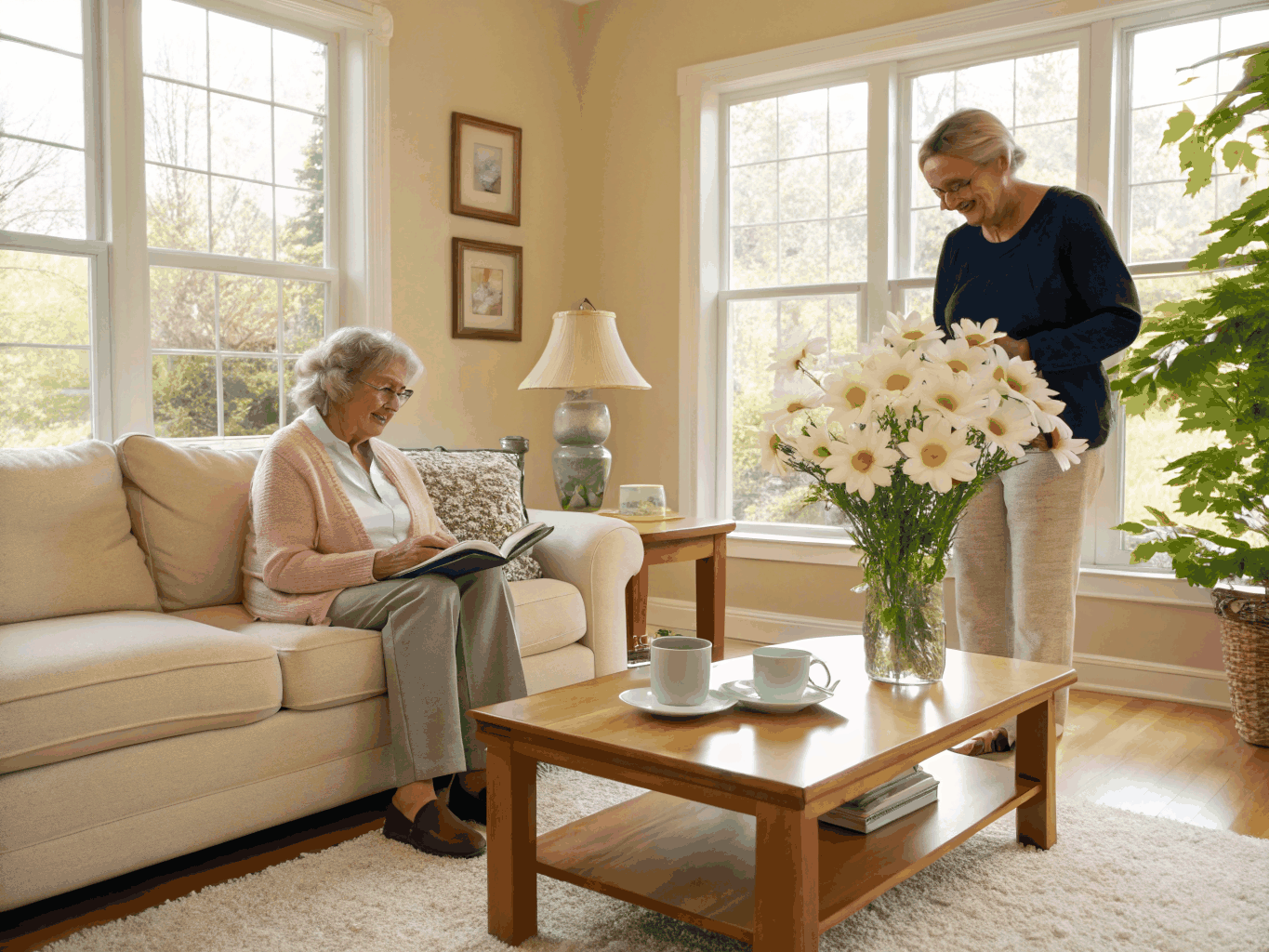 Active older adult comfortably reading in a bright, sunlit residential living room