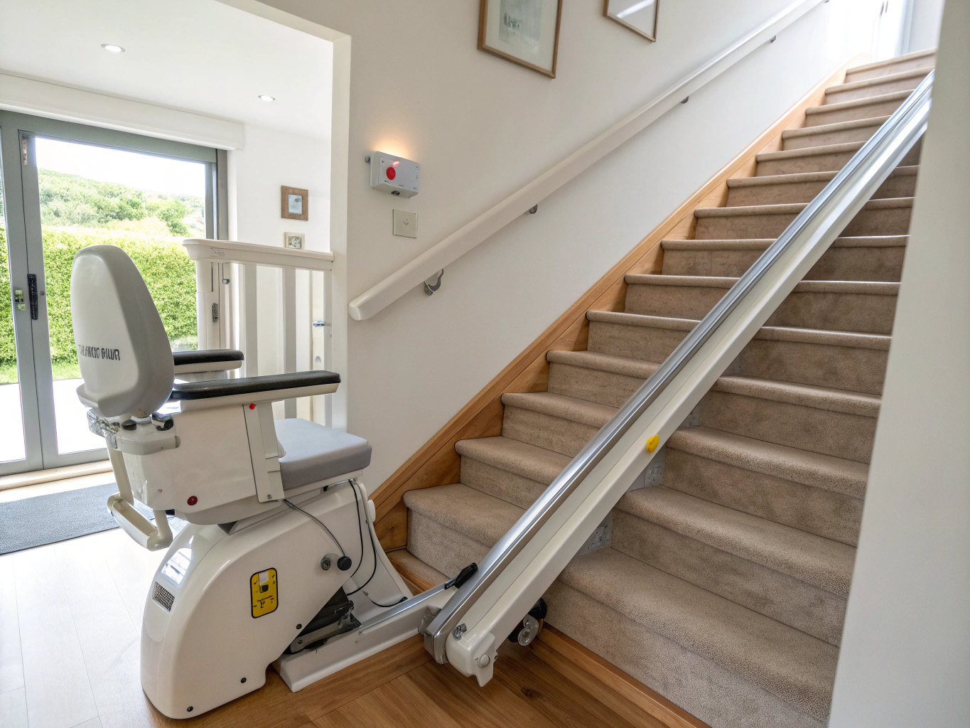 Modern residential stair lift installed on a home staircase