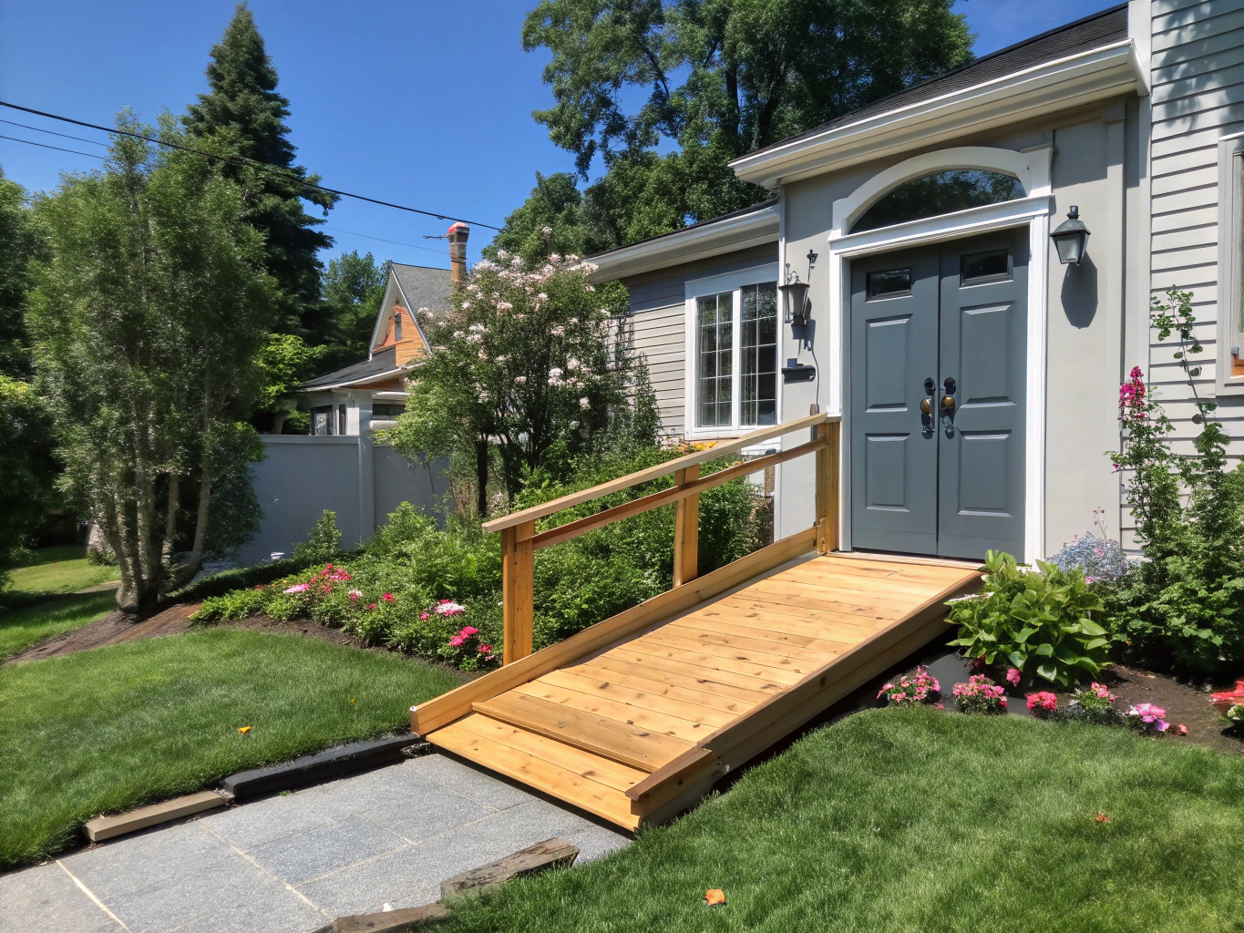 Custom wooden ramp built alongside a residential porch and steps