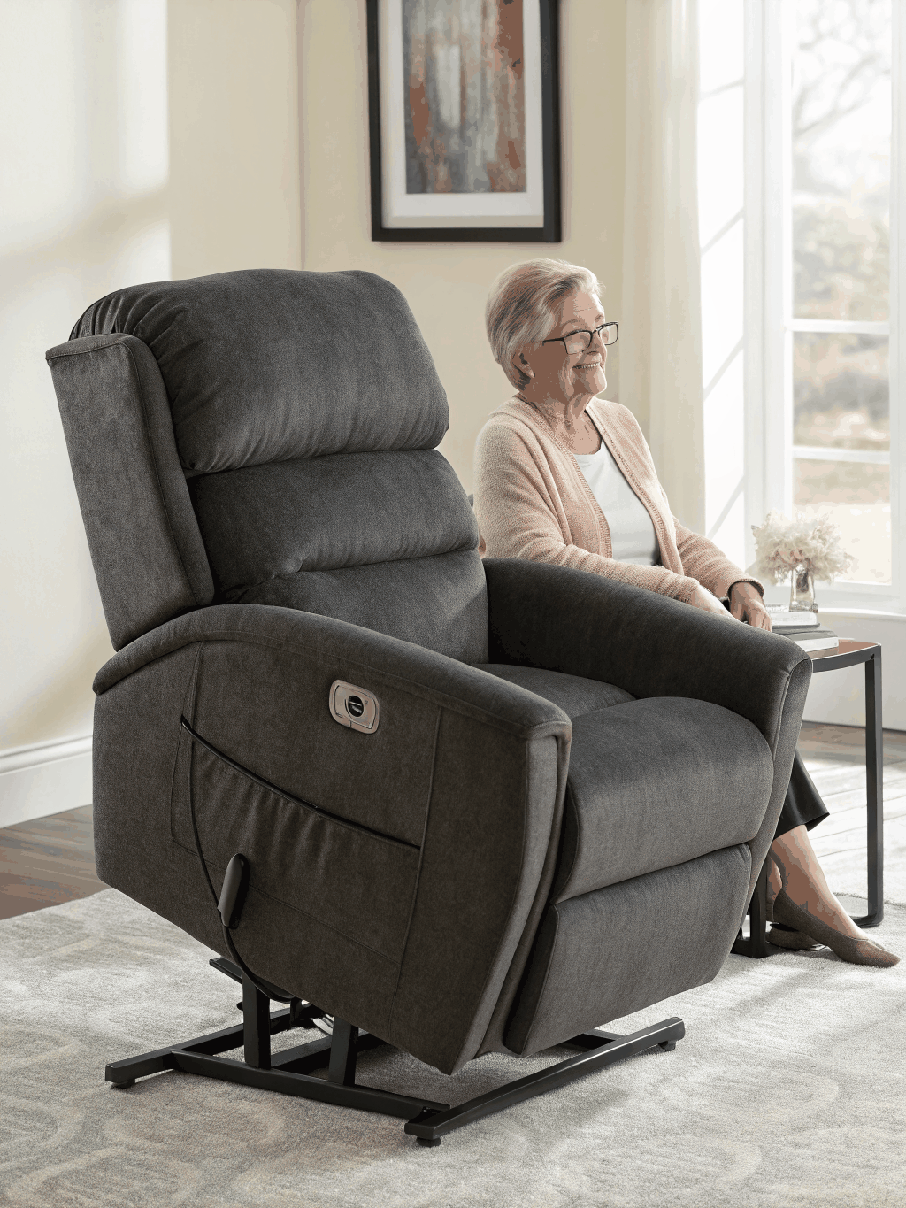Modern power lift chair positioned in a well-lit living room